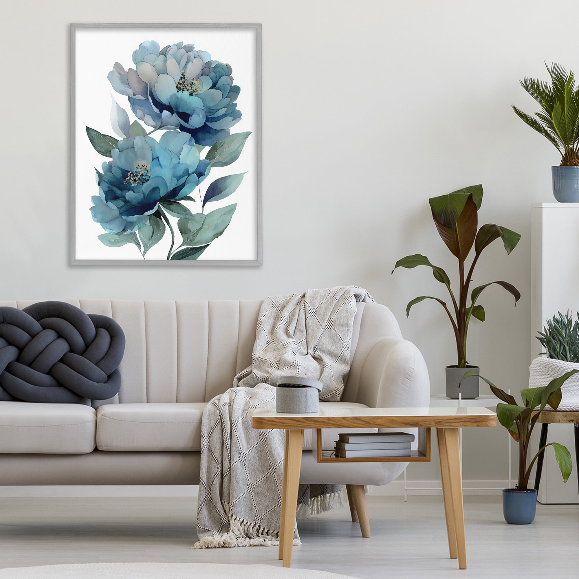 Stupell Industries Two Blue Flowers Serene Peonies Gray Framed Giclee Art, design by Franklyn Gregory