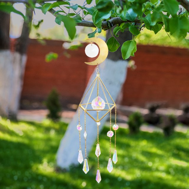 Carillón De Viento De Cristal Que Atrapa La Luna, Marco De Metal, Bola Puntiaguda, Flor De Cuentas (A)