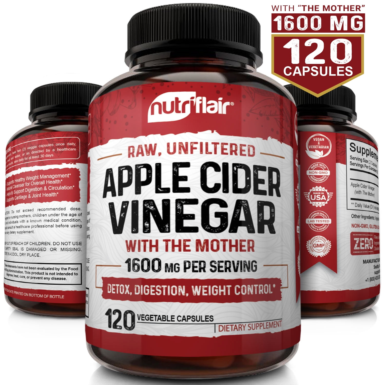 Nutriflair Apple Cider Vinegar Capsules 1300mg 120 Vegan Acv Pills