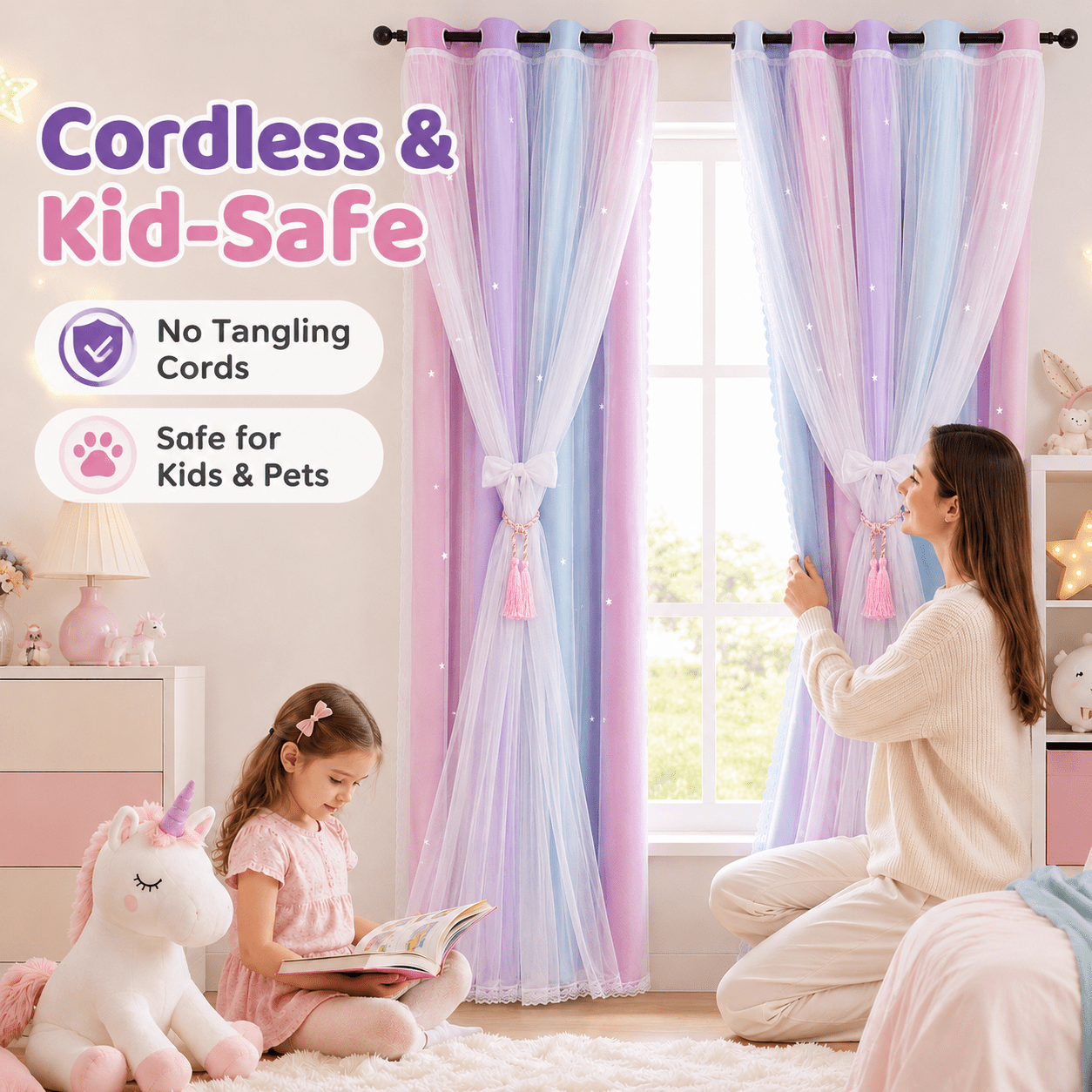 DONGPAI Blackout Stars Curtains for Kids Girls Bedroom Double Layers Star Cut Out Rainbow Curtains Home Window Decoration Curtain, 51" x 63", 1 Panel