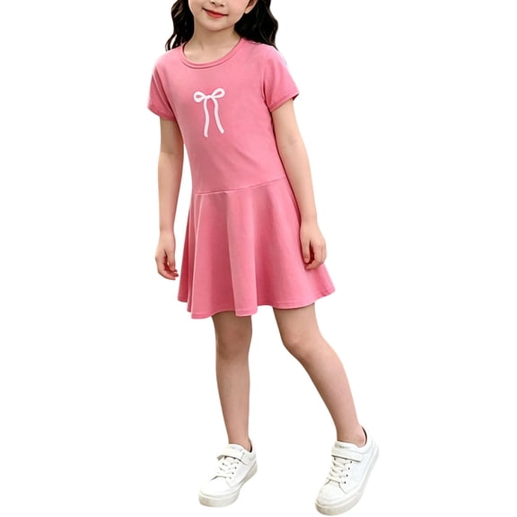 ATORRE Girls T-Shirt Dress Summer Cute Bow Print Short Sleeve Crew Neck Ruffle Casual Comfy Cotton A Line Tennis Dresses Pink 7-8 Years