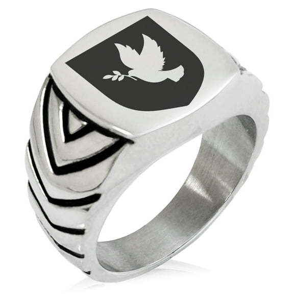Tioneer Stainless Steel Dove Peace Coat of Arms Shield Chevron Pattern Biker Style Polished Ring