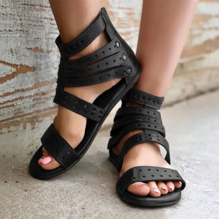 

ZHELIYO Women s sandals Fashion Women s Casual Shoes Breathable Flats Lace-up Outdoor Leisure Sandals Black 9