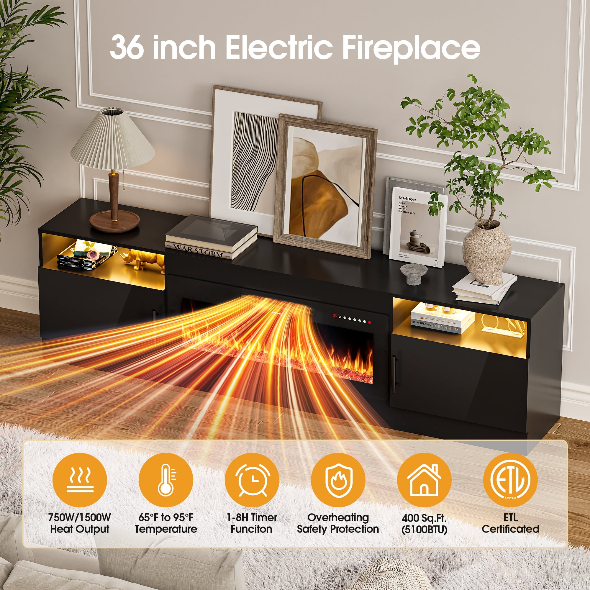 HARIPUL 80” TV Stand with 36" Electric Fireplace for TVs Up to 90 inch, LED Light Entertainment Center with High Gloss Door, Modern Media Console Cabinet for Living Room