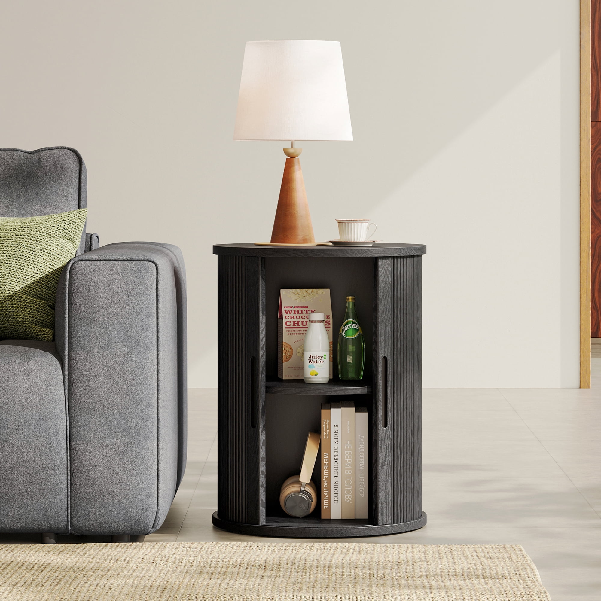 LINSY HOME Fluted Round End Tables for Living Room, Nightstand for Bedroom with with Sliding Tambour Door and Adjustable Shelves, Black(1 Pcs)
