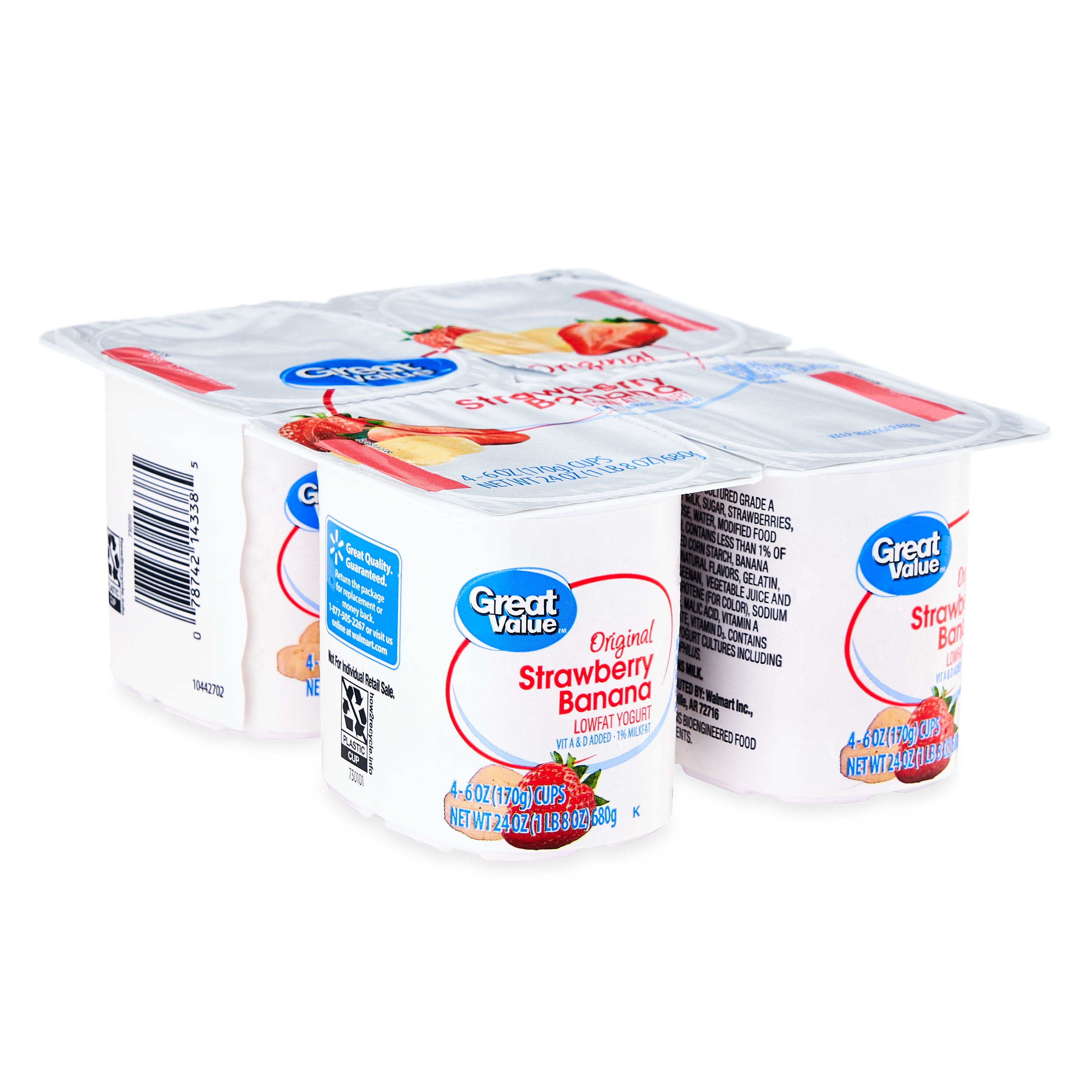 Great Value Original Strawberry Banana Lowfat Yogurt, 6 oz Cups, 4 Count