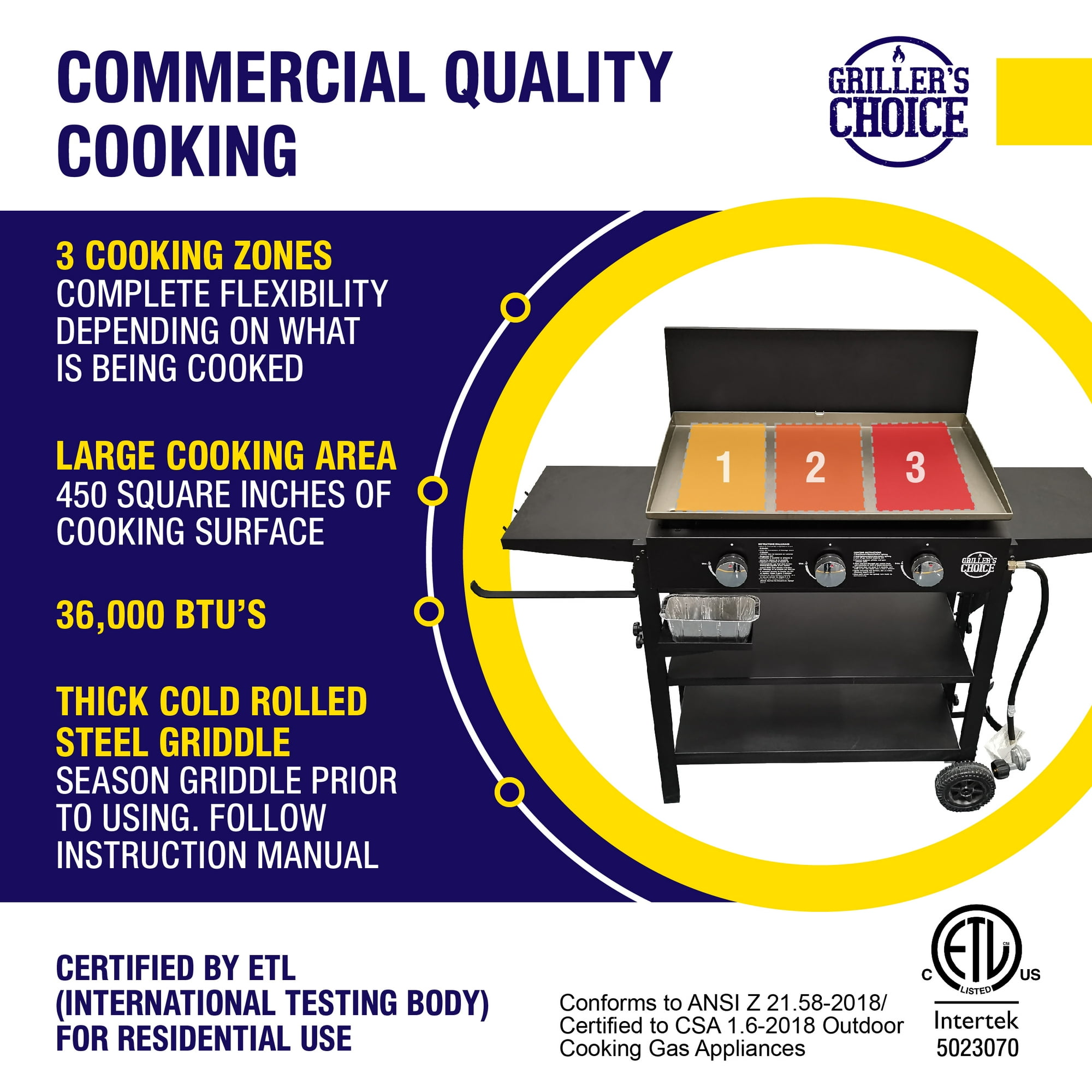 Grillers Choice Outdoor Griddle Grill Propane Gas Flat Top Hood Included 4 Shelves Disposable Grease Cups 36 000 BTUs Large Cooking Area Paper