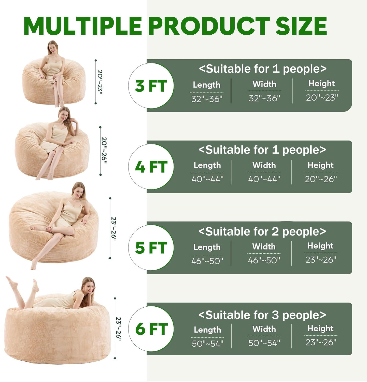 VIREO Bean Bag Chair - 6FT Bean Bag Chairs for Adults Memory Foam Filler Beanbag Chair with Ultra Soft Removable and Washable Flannel Cover, Beanbag Chairs for Living Room - Camel