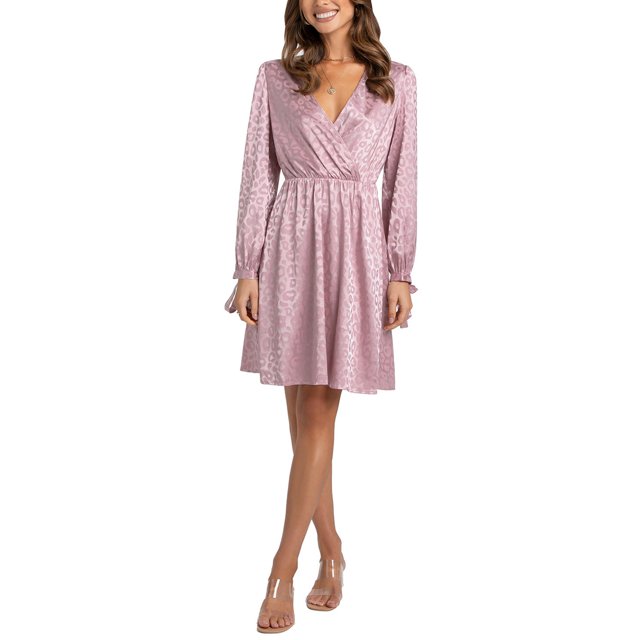 VISgogo Vestido casual para mujer, estampado de leopardo, manga larga, cuello en V, cintura elástica, vestido corto de vendaje VISgogo moda