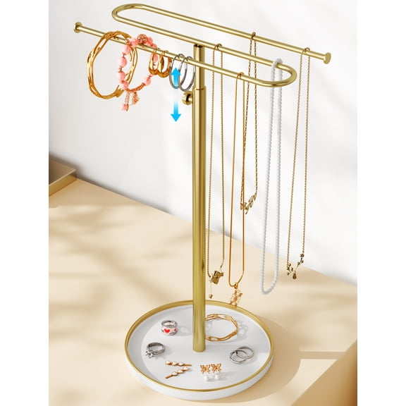 NiHome Adjustable Height Necklace Holder with Premium Ceramic Base & Elegant Metal Necklace Stand, Necklace Organizer for Necklaces, Bracelets, Watches, Gift for Women