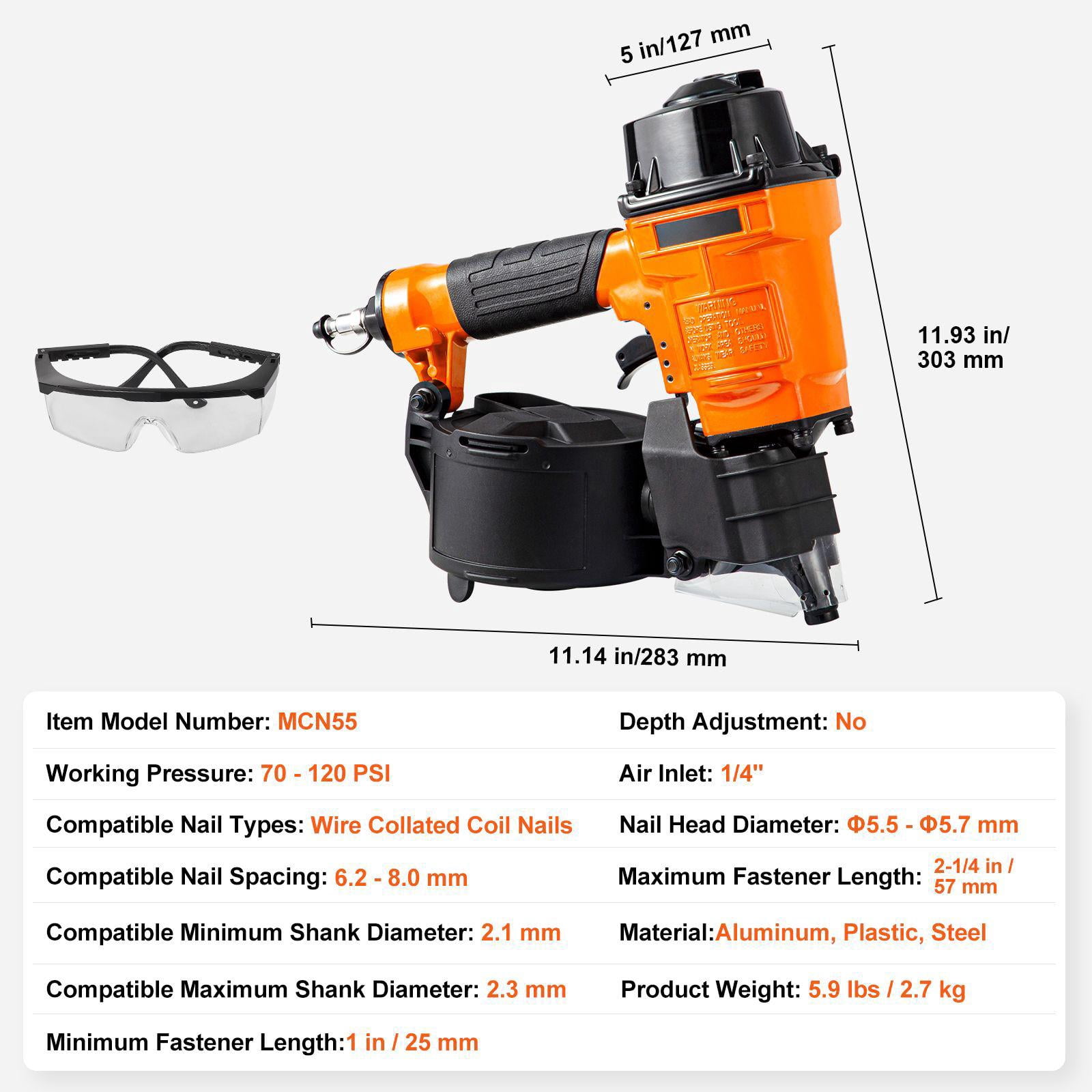 MCN55 Pneumatic Coil Nail Gun 1 to 2.25 Inch 70 120 PSI for Exterior Wall Panels Pallet Cladding Fences Patios