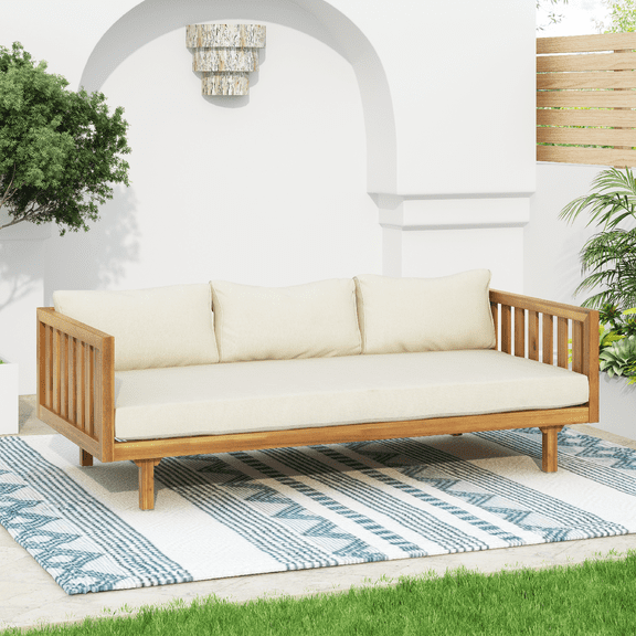 3-Seat Acacia Wood Outdoor Daybed with Water-Resistant Cushions and Slatted Backrest, Patio Sofa for Garden and Deck, Teak