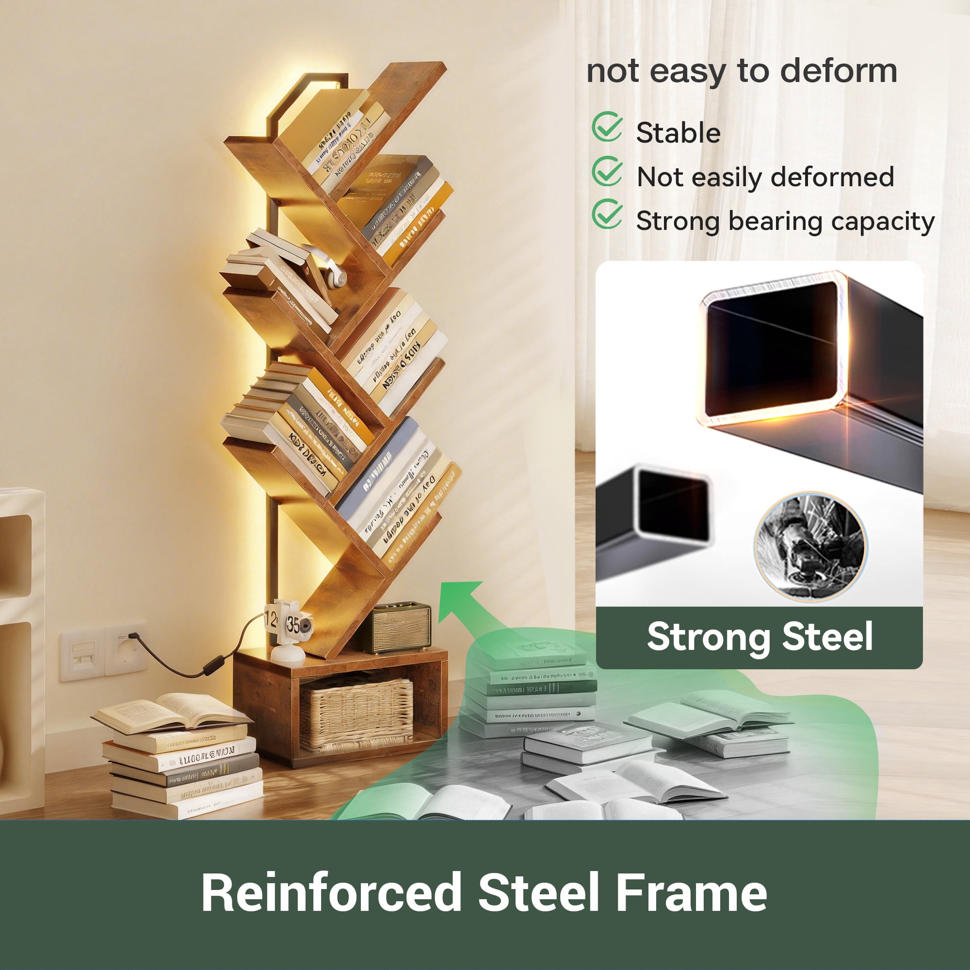 Casacomoda 6-Tier Tree Bookshelf with LED Light, Modern Corner Bookcase Display Shelf for Living Room, Bedroom & Home Office, Vintage