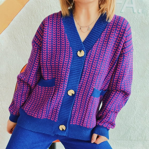 PiGOGI Women's Contrast Knit Cardigan VNeck Long Sleeve Open Front Sweater Casual Loose Fit Cover Up Comfortable Lightweight Fall Winter Top Purple S