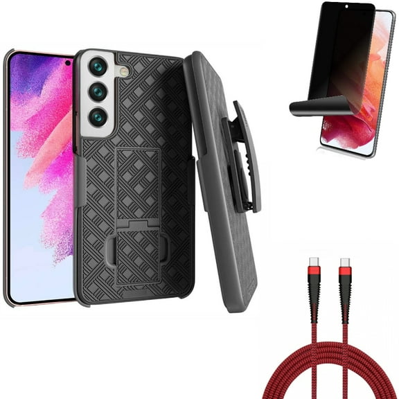 10ft PD Cable & Privacy Screen Protector & Case Belt Clip for Samsung Galaxy S22 (6.1") - Type-C to USB-C Charger Cord & TPU Film Fingerprint Works & Holster Swivel Accessory Bundle