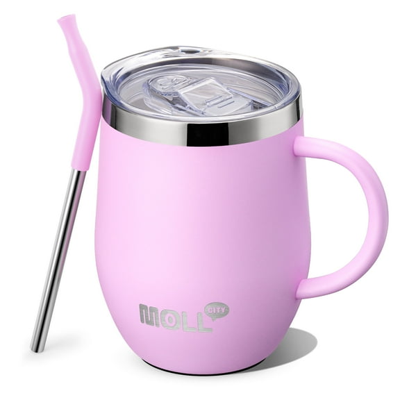12 oz Stainless Steel Double Wall Vacuum Insulated Tumbler Cup with Straw-Reusable Metal Travel Cup with Lids, Leak Proof and BPA Free (Purple Pink)