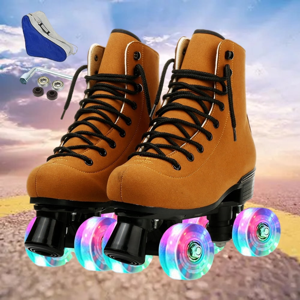 PU Leather Skate Shoes Breathable Solid Pair High-top Roller Skates Four-Wheel Roller Skates Double Row Shiny Roller Skates for Unisex Women Men 