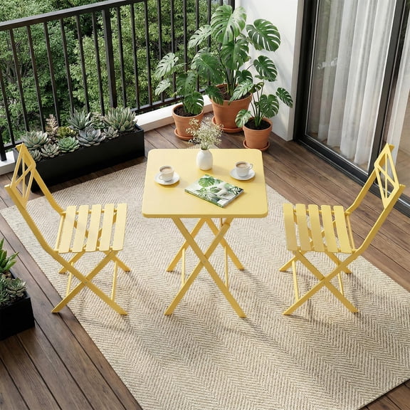 3-Piece Outdoor Square Bistro Set, Yellow Iron Tube Patio Furniture with Square Table & 2 Chairs, Foldable Steel, Space-Saving for Small Spaces, Deck/Porch/Garden
