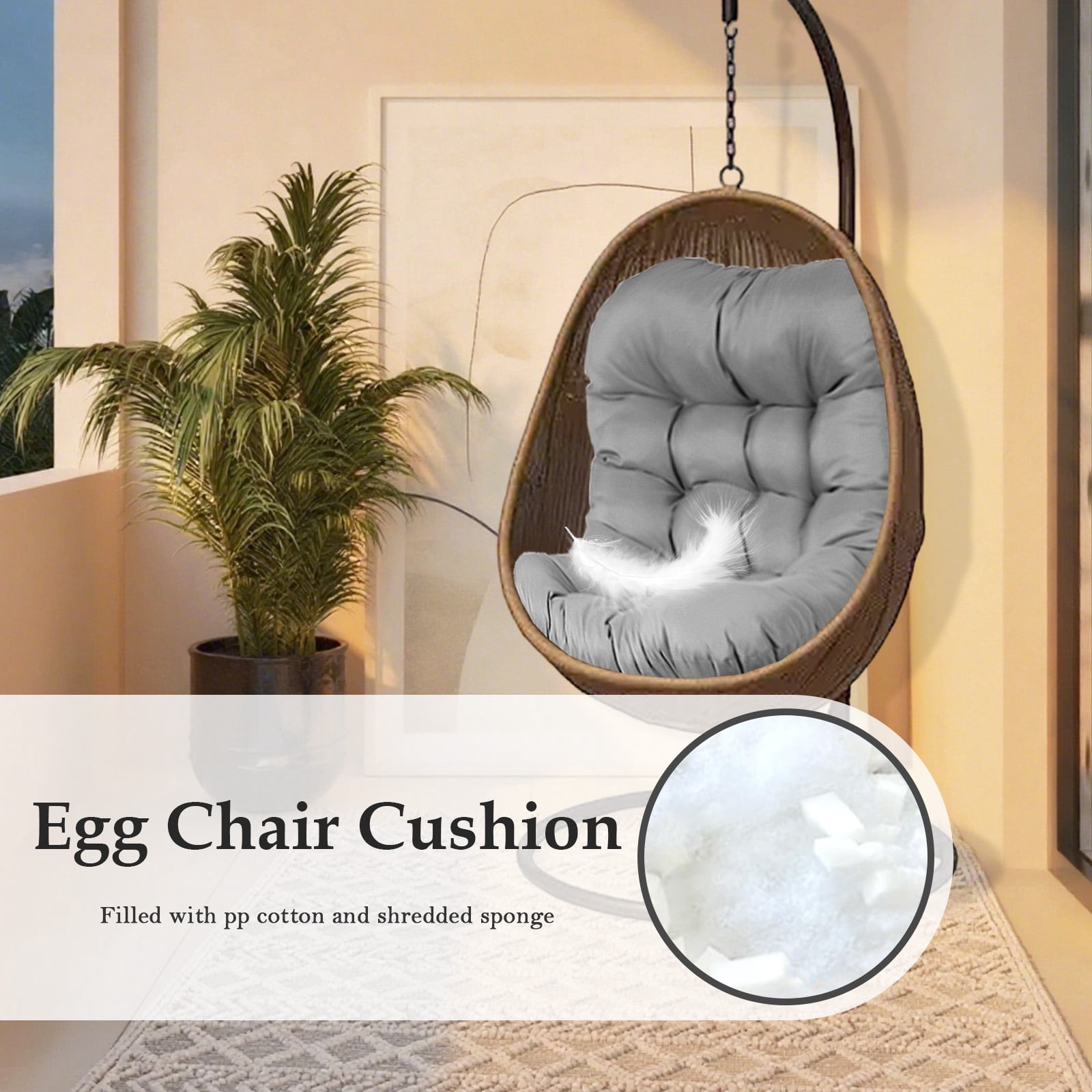 XXLYY Outdoor Egg Chair Cushion Replacement, 7.9”Thick Waterproof Hanging Chair Cushion with Ties for Patio & Porch