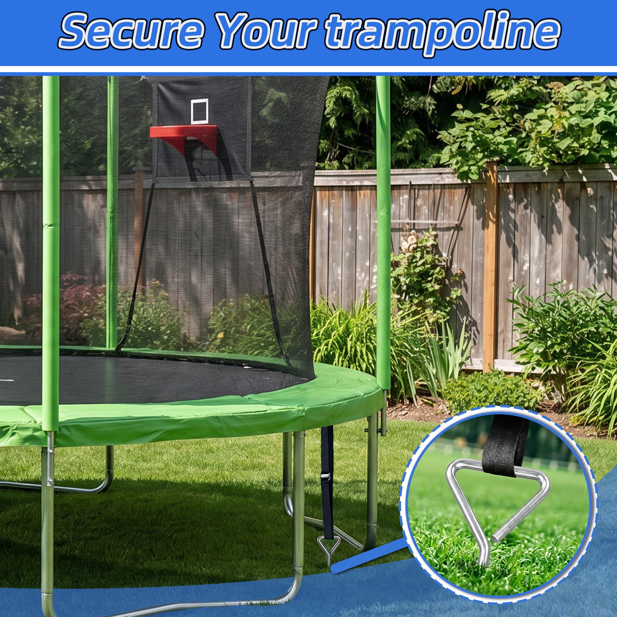 4 Pack Windproof Trampoline Stakes Anchor Kit-Steel Corkscrew Anchor, Heavy Duty Tie Down Kit with Reinforced Safety Straps, Secure Weatherproof Protection for Trampoline, Tent&Playset