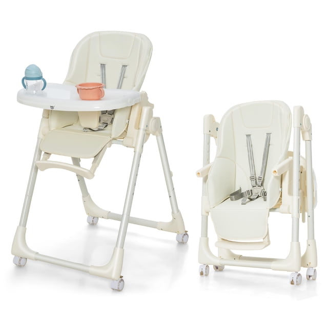 Costway Trona Plegable para Bebés Silla de Comer Ajustable con 4 Ruedas Bloqueables 6 Alturas Bandeja Extraíble Cojín 70 x 56 x 88-106 cm