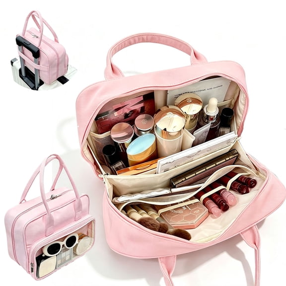 Godery Travel Toiletry Bag Wide-Open Access with Brush Compartment & Handle, for Shower, Shopping, Toiletries, Bathroom, Dry/Wet Separation Portable Ita Bag, Pink