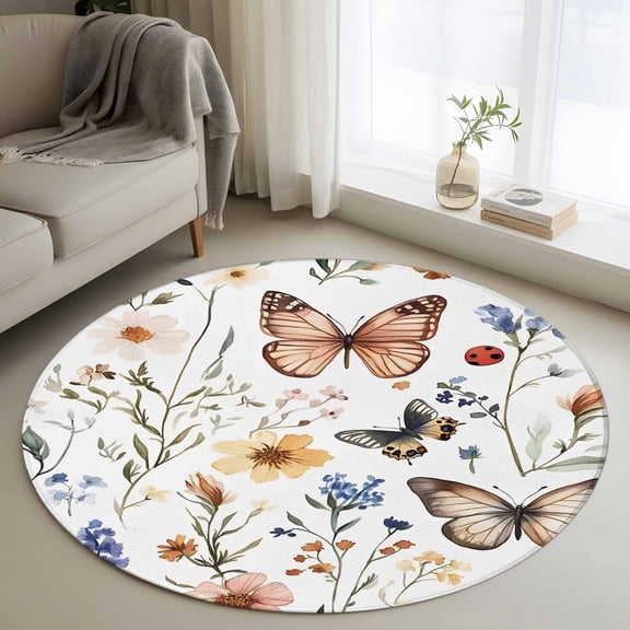 Vintage Butterfly Floral Round Rug 3.3ft Washable Circle Entryway Rugs Non Slip Spring Botanical Watercolors Area Rug Indoor Floor Carpet for Bedroom Kitchen Living Room Home Office Dining Room