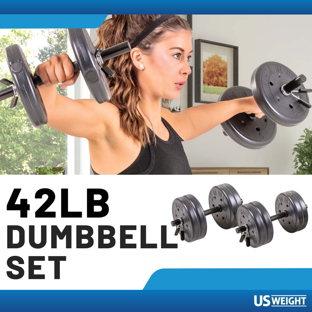 US Weight Adjustable 42LB Dumbbell Set with Spring Clips, 14" Knurled Bars – A, Essential Home Gym Equipment for Strength Training