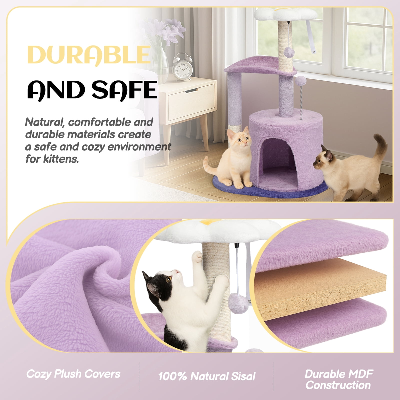 Ktaxon 33in Lavender Purple Cat Tree, Multi-Level Tower with Scratching Post, Curved Perch & Padded Bed, for Kittens & Indoor Cats