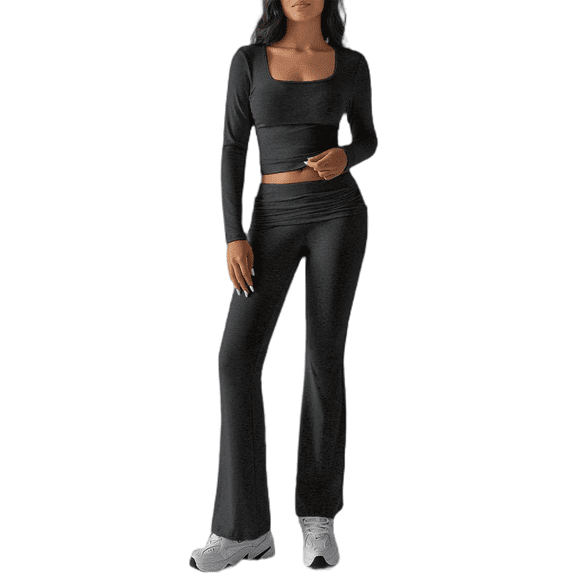 LYMAYTER Women Workout 2 Piece Sets Yoga Flare Pants Suit Long Sleeve Square Neck Top Tracksuits Outfit S-XL