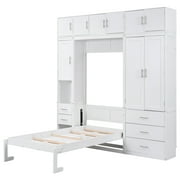 EUROCO Wood Murphy Bed, Storage Wall Bed with Cabinets and Drawers, Clever Furniture Set with Wardrobe for Living Room, Assemble Video Provided, Twin