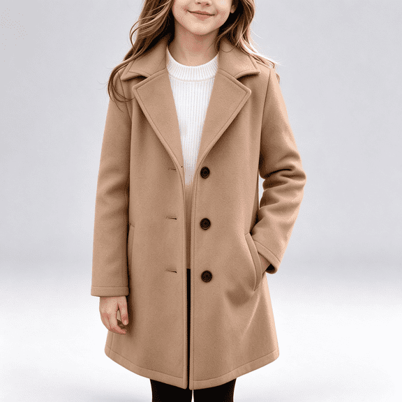 NEBWOAK Little Girls Winter Wool Blend Brown Midlength Overcoat Button Front for School,Size 6-7T