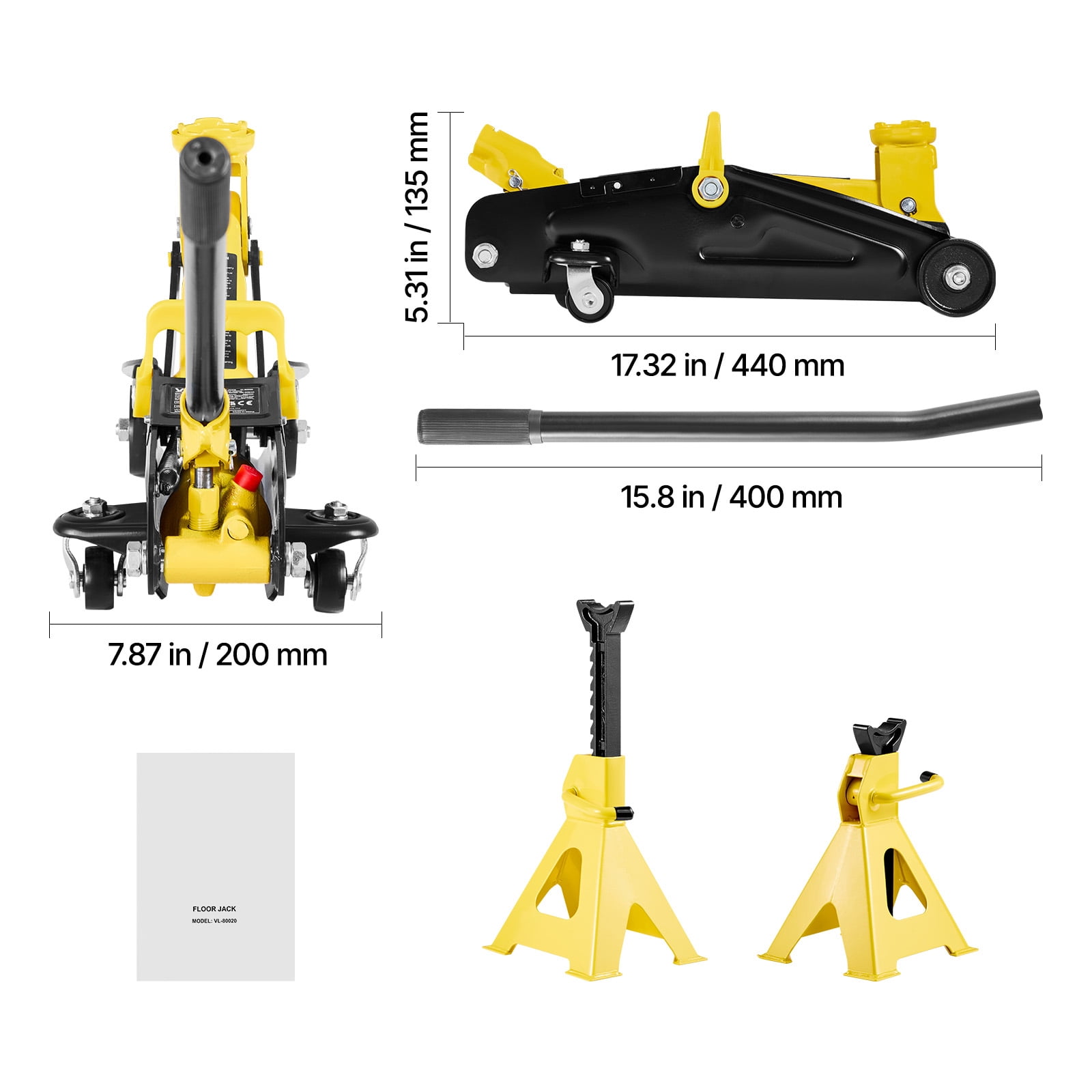 KFFKFF Low Profile Floor Jack, 2 Ton Capacity, Steel Hydraulic Racing Jack with Stands, Single Piston Quick Lift Pump, Trolley Car Lift for Compact SUVs, Lifting Range 5.1-12.2 Inches