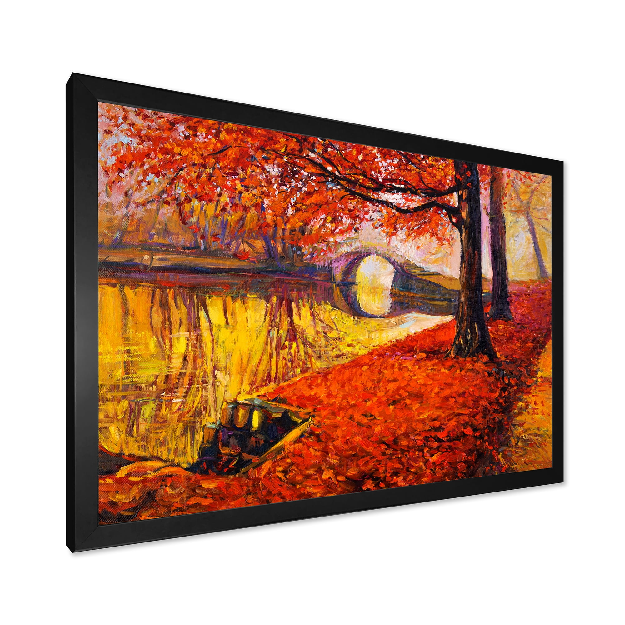 Designart 'Little Bridge In Deep Orange Autumn Landscape I' Traditional Framed Art Print