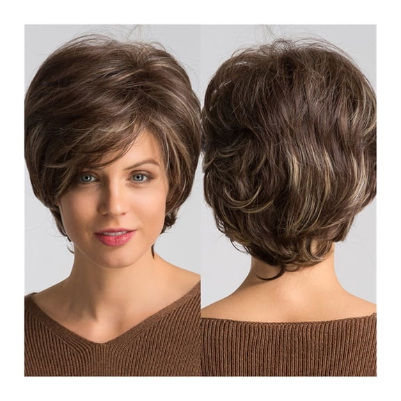 Mixed Brown Blonde Highlight Synthetic Wig Short Pixie Cut Wavy Bob Wigs with Bangs for Women Natural Heat Resistant Hair