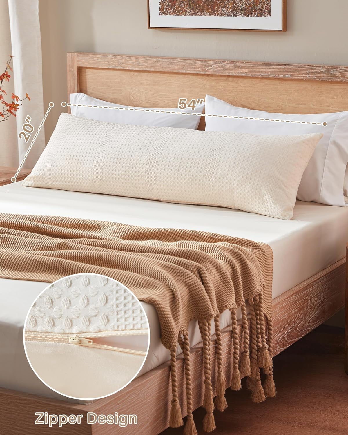 Nalqet Waffle Weave Body Pillow Decorative Lumbar Pillow 20x54 inch – Soft Polyester Memory Foam Long Pillow for Side Sleepers, Washable, Beige