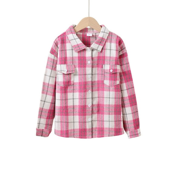 Little Girls Clothes Plaid Lapel Long Sleeved Shirts with Front Pocket Fall Winter Big Kids Clothes