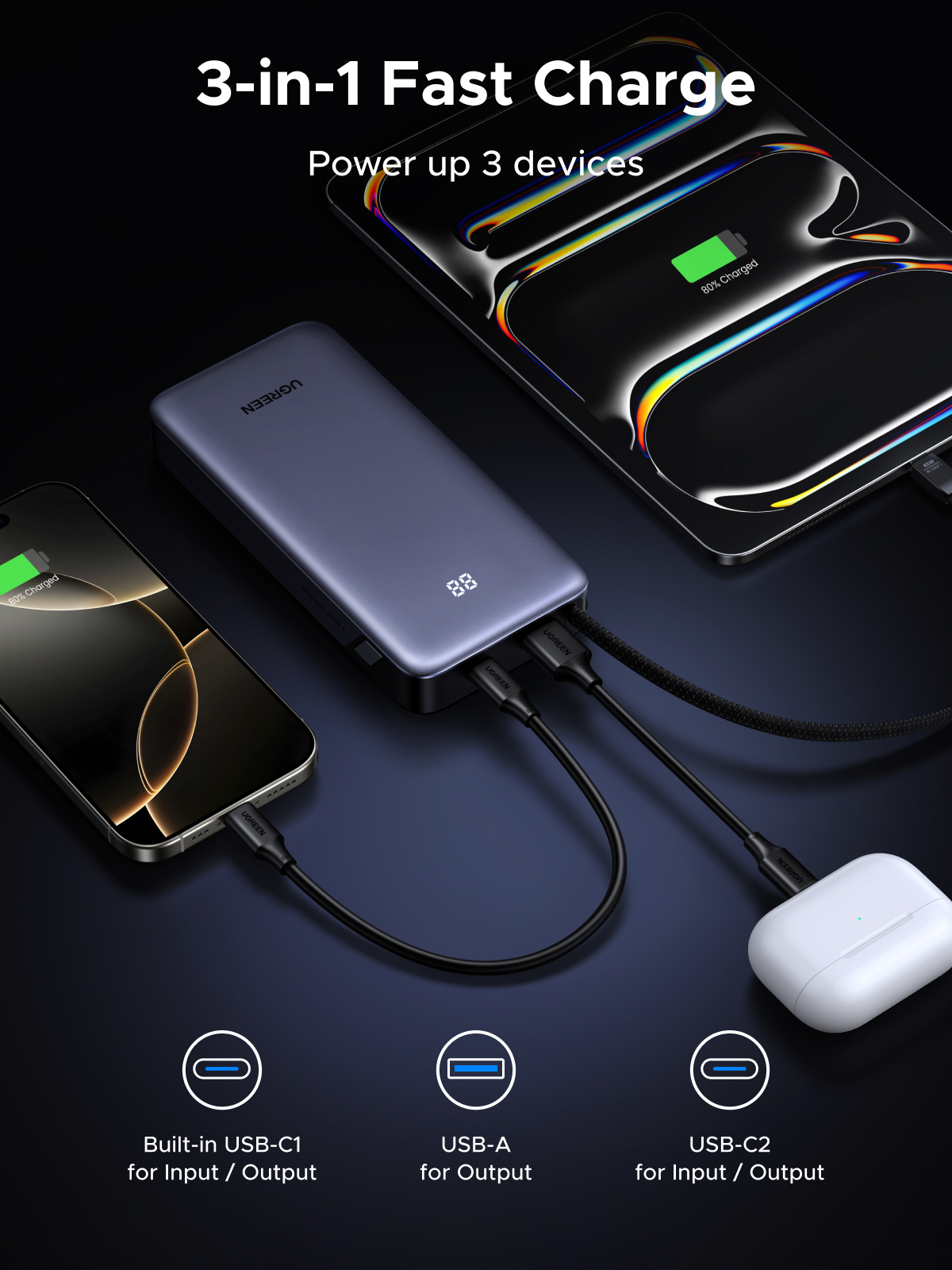 UGREEN Nexode 45W Power Bank, 20000mAh with Built-in USB-C Cable photo 2