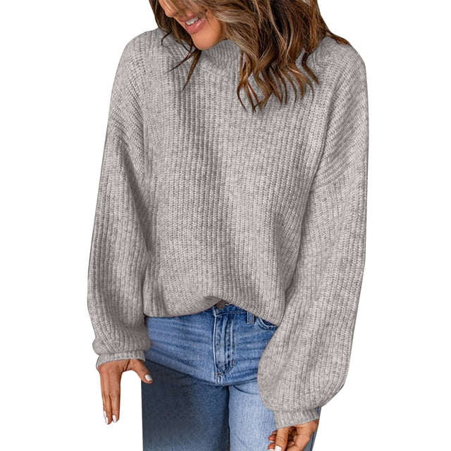 Gibobby Suéter mujer, Suéter de cuello de tortuga para mujer, suéter de punto de manga larga, suéter de canalé fino, blusa de temperamento para mujer(Gris,XG)