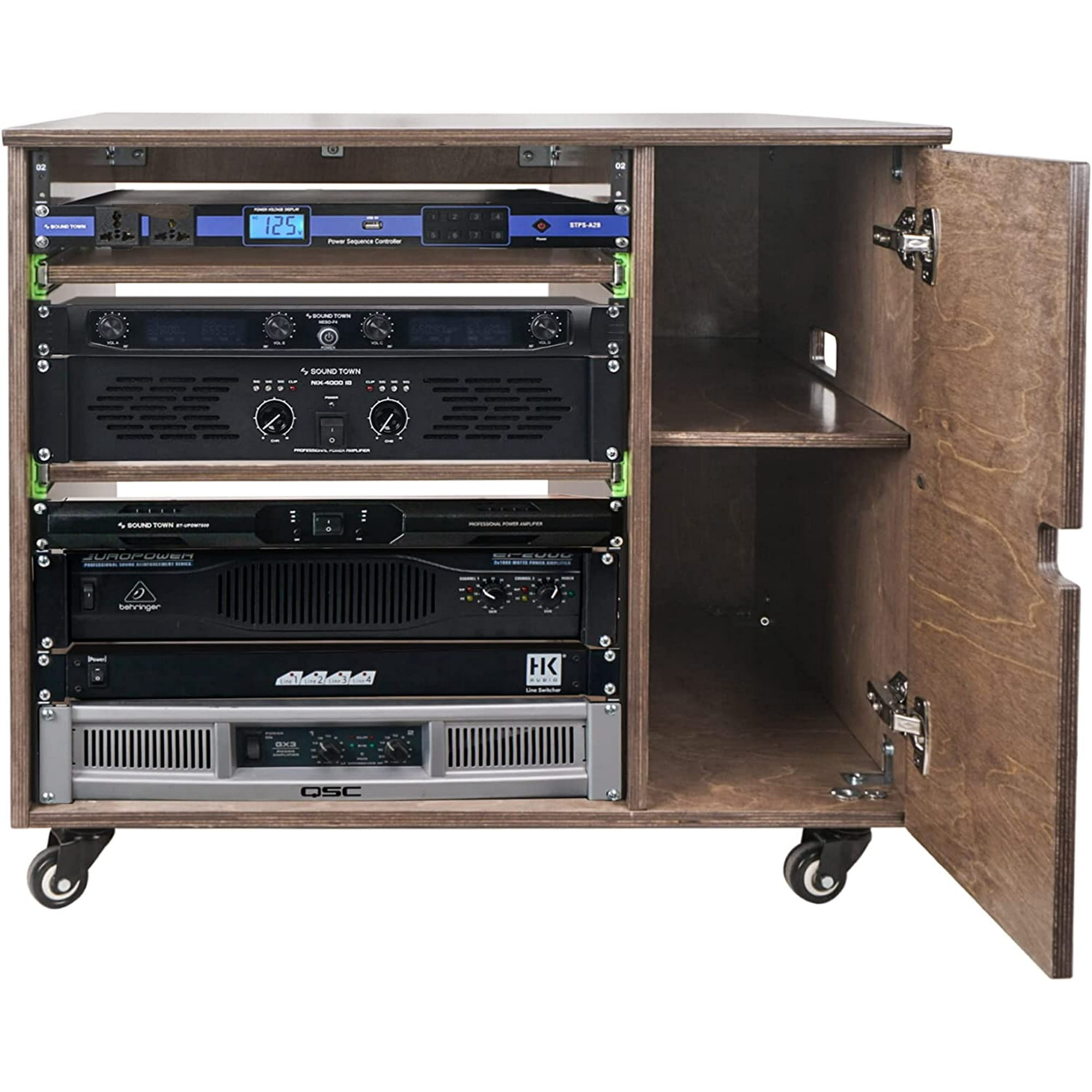 Sound Town DIY 11U Plywood Studio Rack with Slide-Out Trays, Cabinet, Casters, Weathered Gray, for Recording Room, Home Studio (SDRK-CR11B)