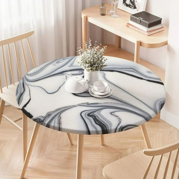 Marble Texture Fitted Round Tablecloth Waterproof Table Covers Elastic Edged White Marble Pattern Table Clothes for Dining Table