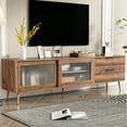 thumbnail image 2 of Modern Entertainment Center With 2 Glass Doors, 70" Tv Stand, Drawers, Walnut Mid-century Stand For 75"+ Tv, Look, 2 of 6