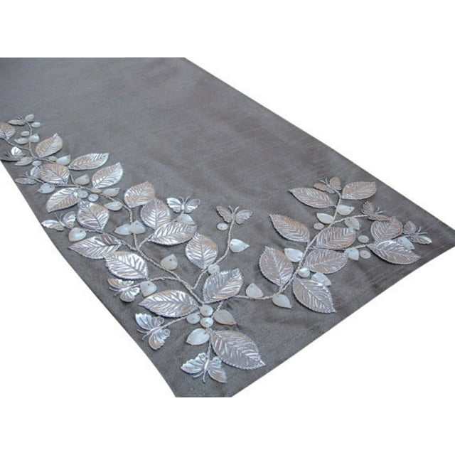 The HomeCentric Handmade Decorative Table Runner 14'' x 120'' Silk Beaded Mother Of Pearl Embroidered Butterfly Grey Silver