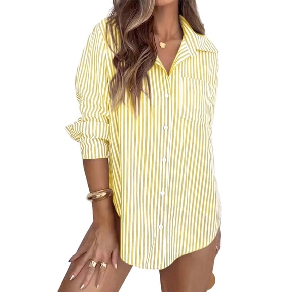 Long Sleeve Striped Button Down Collared Shirt for Women Casual Work Wear Pocket
