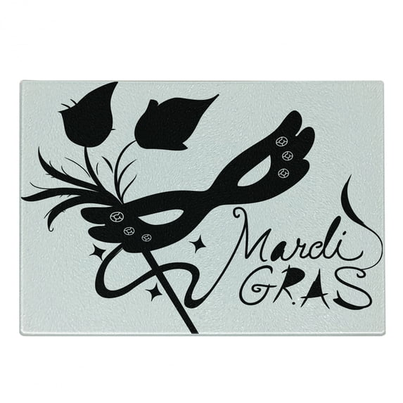 Mardi Gras Cutting Board, Classical with Flowers Feathers Calligraphy Star Silhouettes, Decorative Tempered Glass Cutting and Serving Board, Small Size, Black and White, by Ambesonne