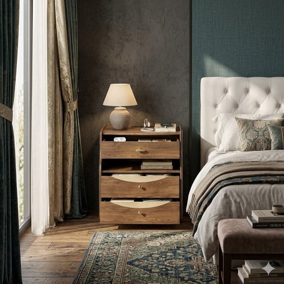 Oversized Extra Large Nightstands with Charging Station and 3 Drawers, 24" Wide Night Stand with Open Shelf, Arc Design End Table with Golden Handle for Bedroom, Living Room Walnut