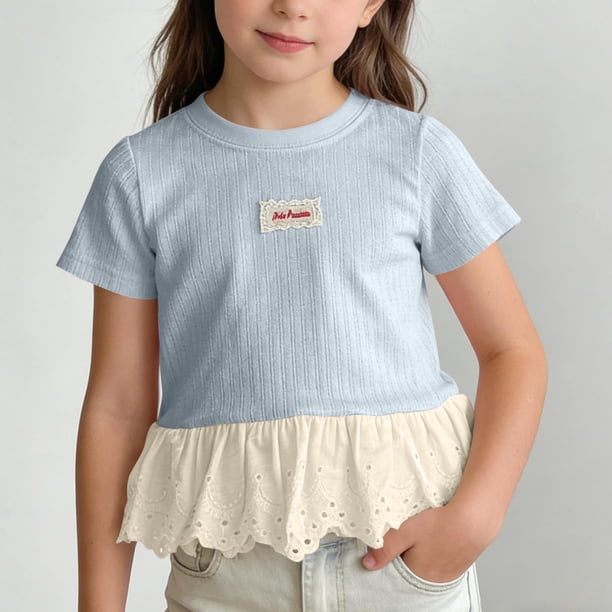 Blusas y camisas de manga corta con cuello redondo Camiseta de niña Camiseta de verano con cuello redondo y apliques de encaje con volantes Camiseta de manga corta Falda superior Camisa de capa base C