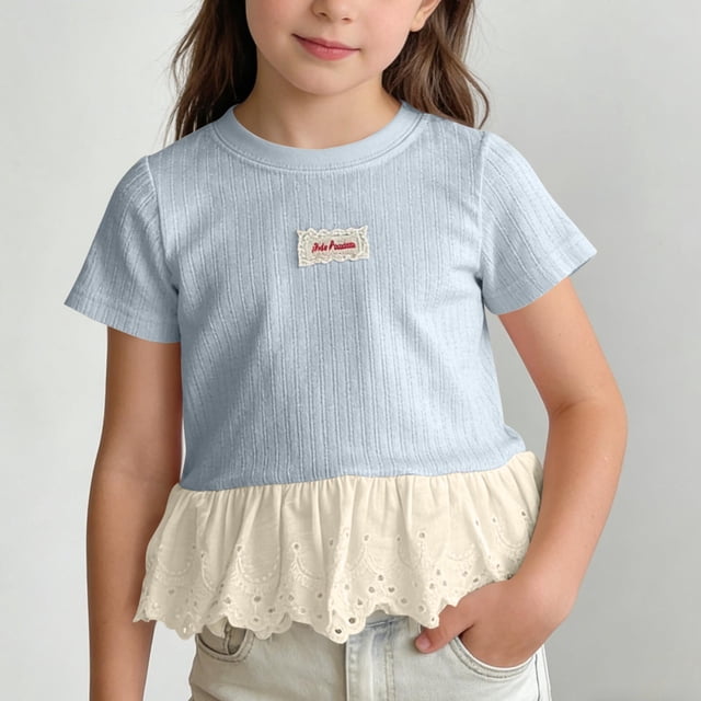 Blusas y camisas de manga corta con cuello redondo Camiseta de niña Camiseta de verano con cuello redondo y apliques de encaje con volantes Camiseta de manga corta Falda superior Camisa de capa base C