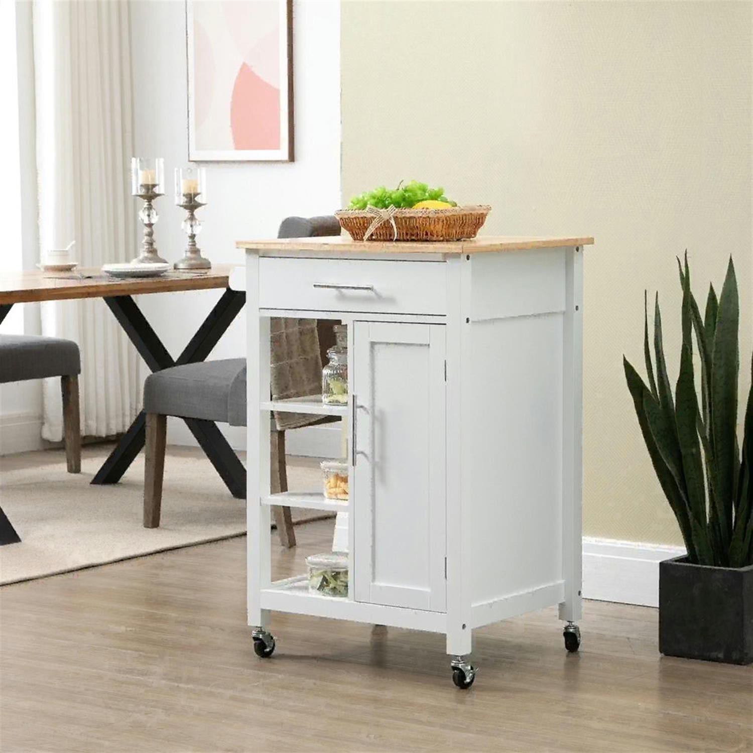 Demi Bonn Kitchen Island Cart on Wheels with Storage, Rolling Dining Room Serving Utility Carts Mobile Movable with Solid Wood Top and Drawer, White