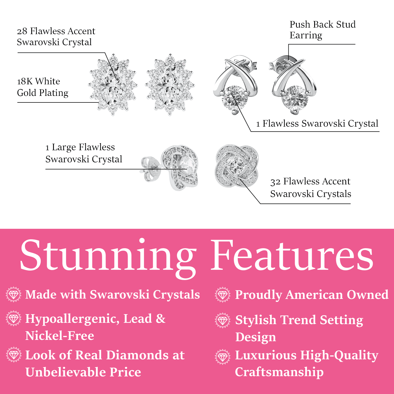 Cate & Chloe Pack of 3 - Eloise, Stella & Sage 18k White Gold Plated Stud Earrings Set with Flawless Crystals for Women